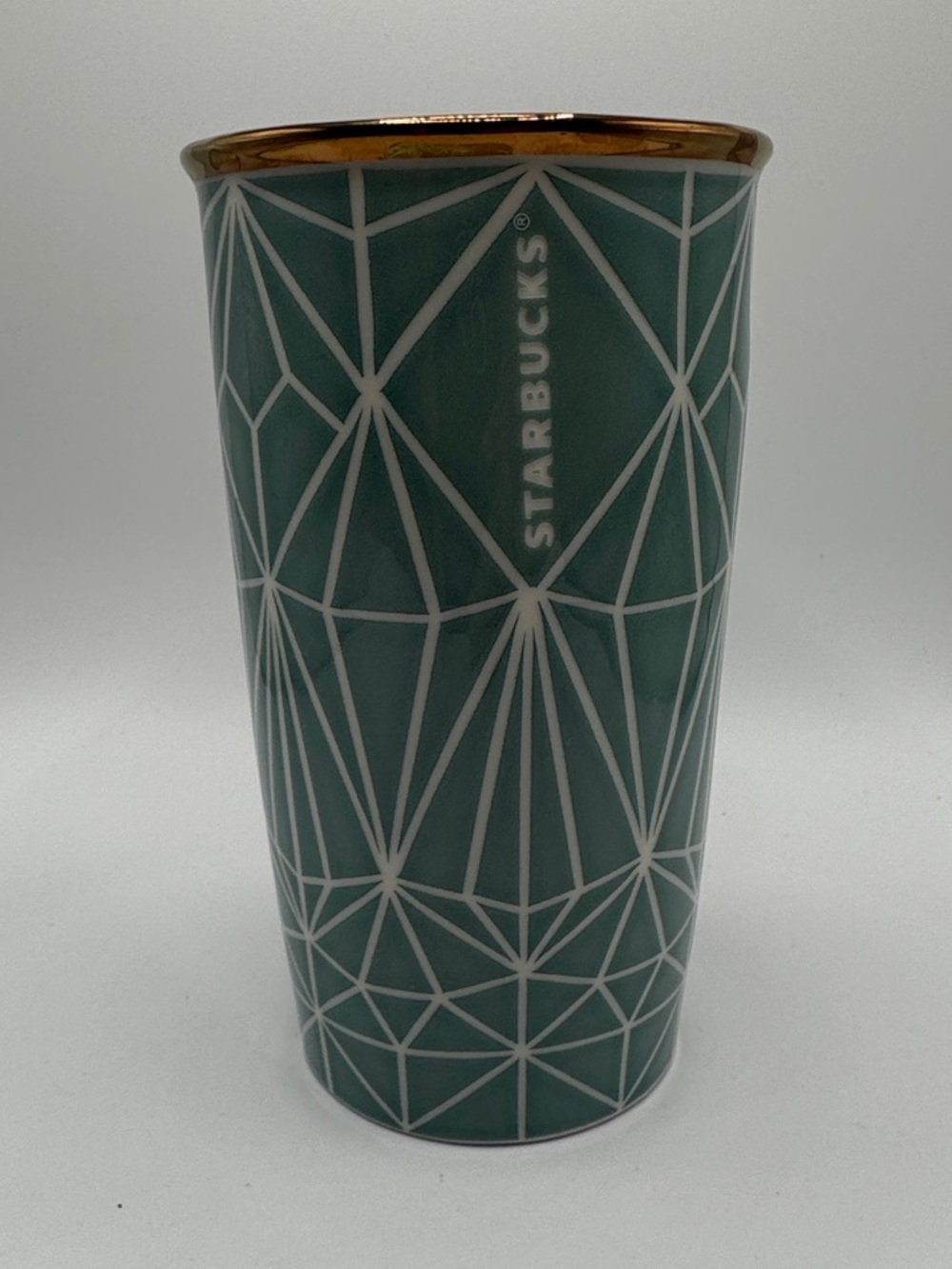 Starbucks Teal Geometric Ceramic Vase with Gold Rim
